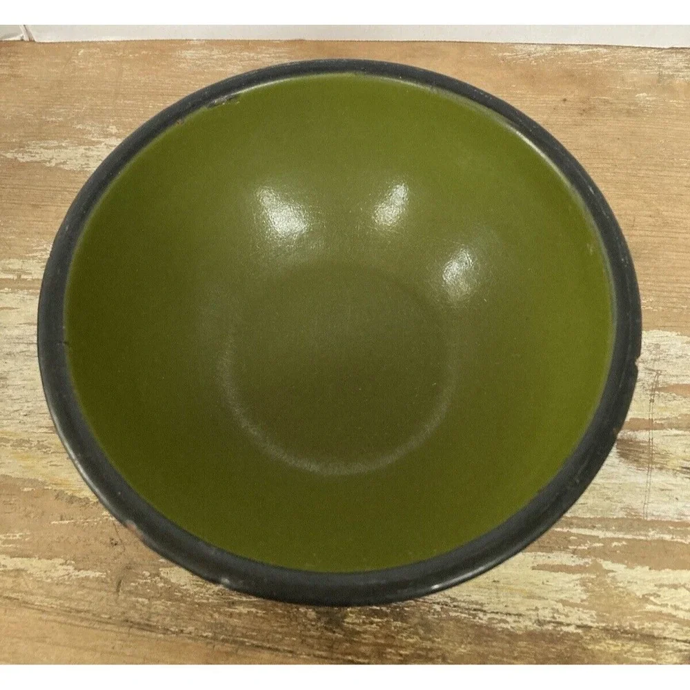 Vintage enameled enamelware bowls blue green olive Made in Poland stamp